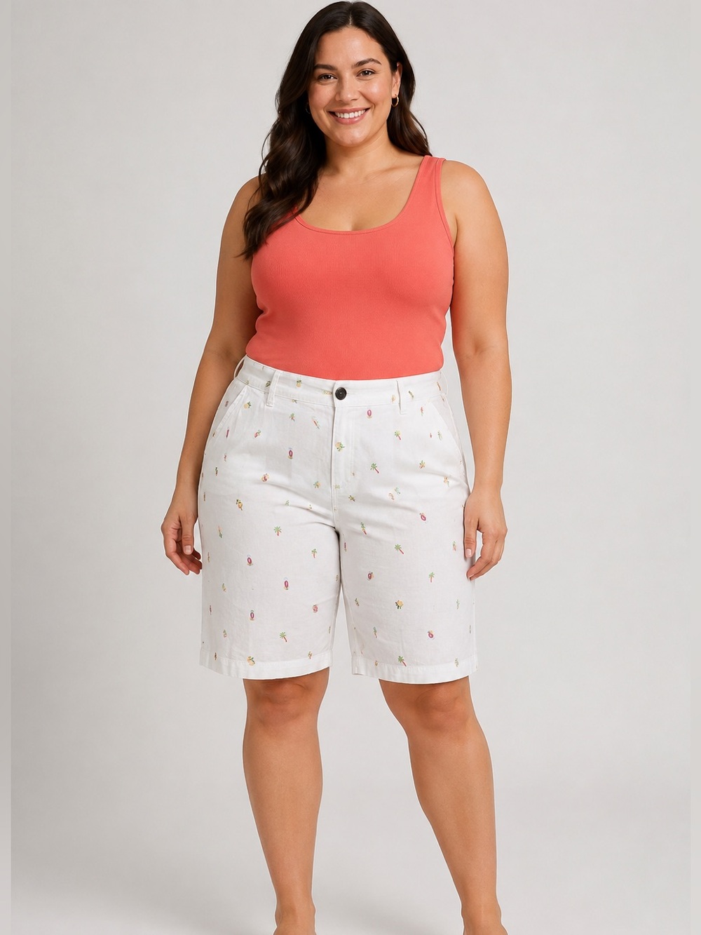 Ash White Embroidered Bermuda Shorts with Tiny Floral Motif